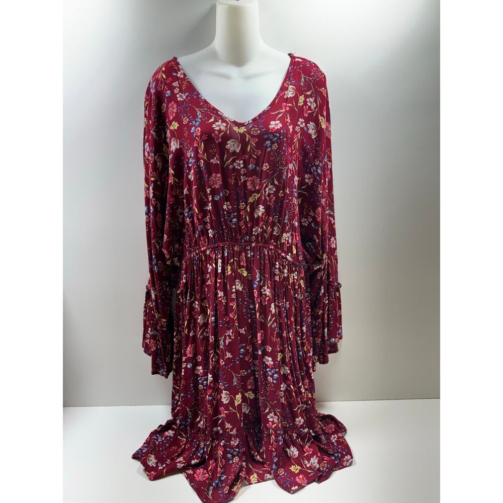 Gigi’s Plus Women’s Dress Burgundy Floral Long Sleeve Ruffle Hem Boho Sz 1X